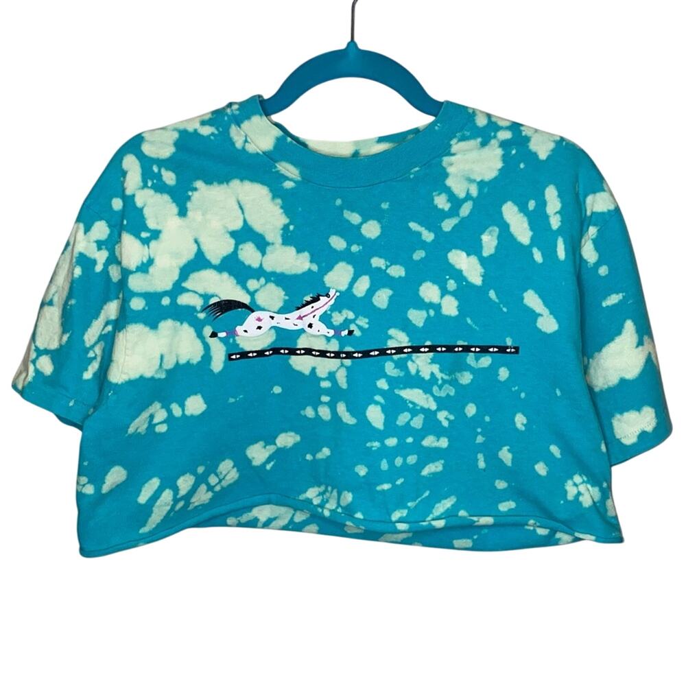 Vintage 90s Single Stitch Tie Dye Horse Graphic Crop Tee Blue Y2K M/L